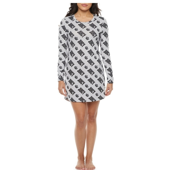 JUICY COUTURE Juniors Long Sleeve Short Night Gown Crown NWT Size L Gray Black - Picture 6 of 7